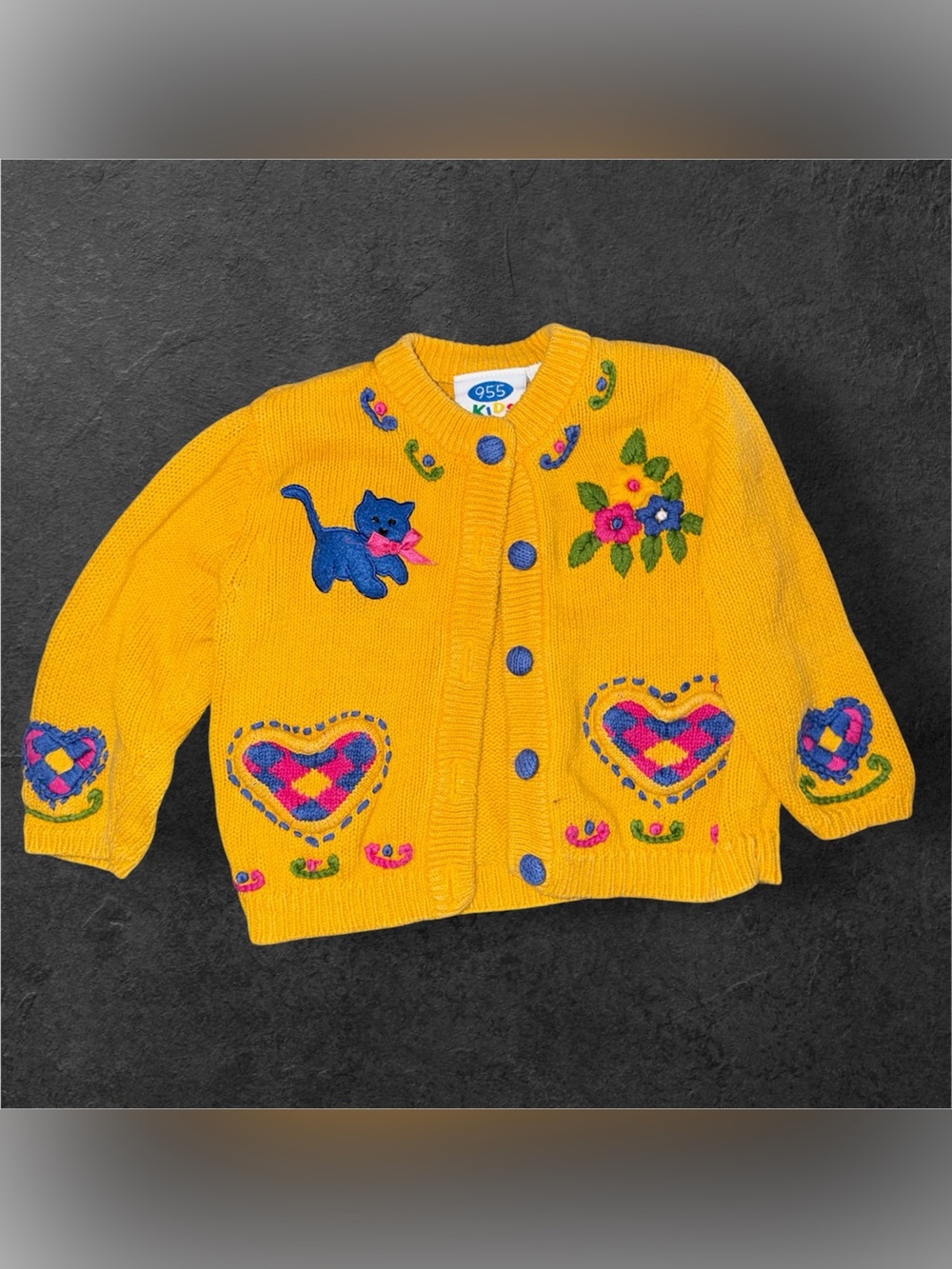 Vintage 955 Kids Yellow Cat & Heart Cardigan Sweater Size S/2T